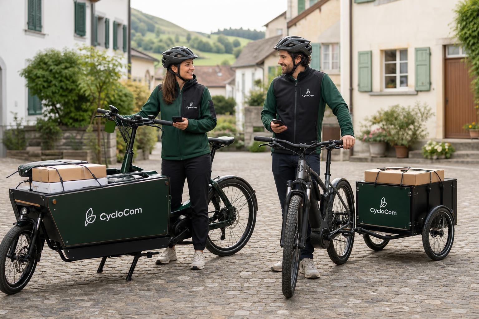 Une coursière et un coursier CycloCom prêts à partir avec un vélo cargo et une remorque dans un village suisse